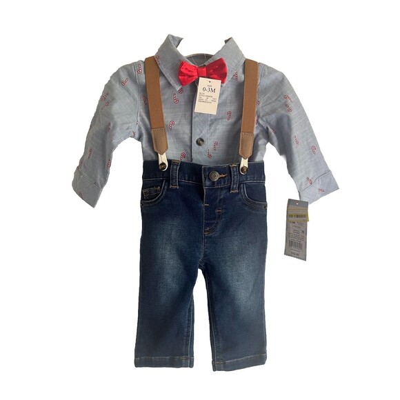 Cat & Jack Christmas Cane Long Sleeve Shirt, Jeans & Suspenders Pant Set 0-3M - Picture 1 of 10